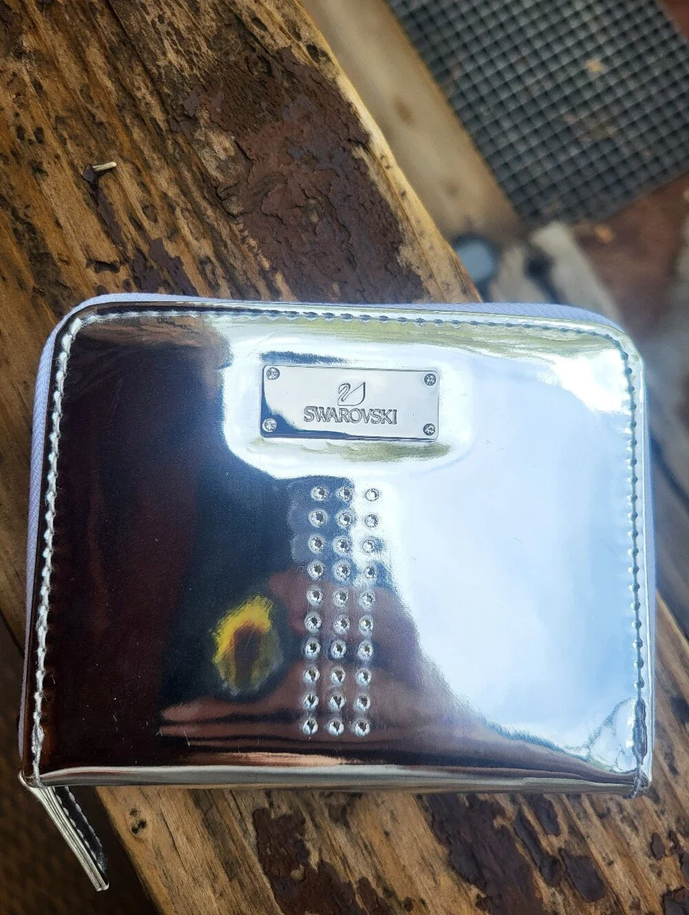 Swarovski Silver Metallic Mirror Finish, Crystals Embellished Zip Around Wallet.